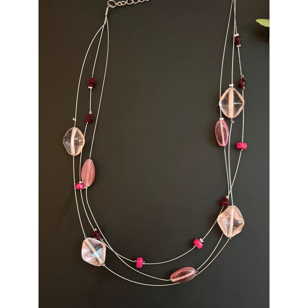 Lia Sophia Pink Burgundy Triple Strand Illusion Necklace Silver Tone 16-19 Inch
